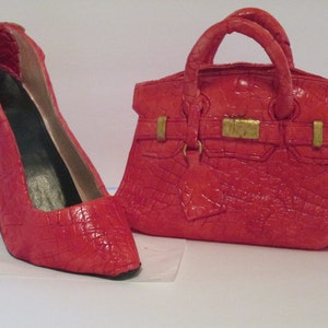 Alligator clutch purse and stiletto shoe cake toppers,  Suede look clutch purse and high heel pump sugar cake toppers