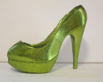 high heel shoe cake topper hot lime green metalic avocado stiletto sugar glass slipper isomalt glitter sparkle