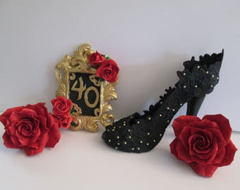 high heel shoe cake topper gum paste fondant gold frame rose sugar edible