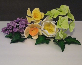 handmade lilac tulip daffodil hydrangea ivy bouquet cake topper mothers day spring sugar edible wedding bridal