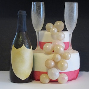 Elegant edible champagne bottle and flute glasses with gelatin bubbles for New Years cake, Wedding anniversary cake, Any celebration