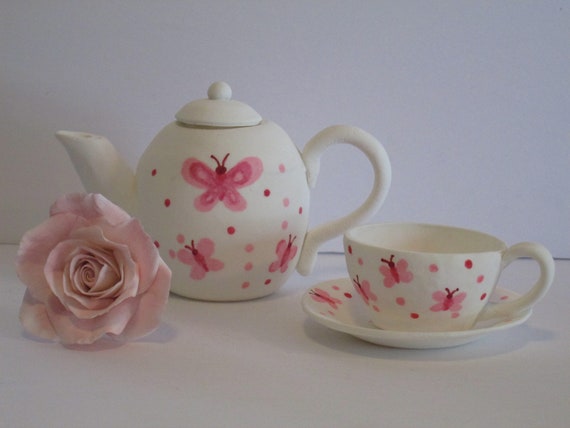 Hand Painted Tea Set Cake Topper: Rose Sugar Flower, Cup & Saucer