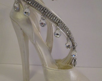 White satin chandelier diamond crystal bling shoe cake topper gum paste sugar