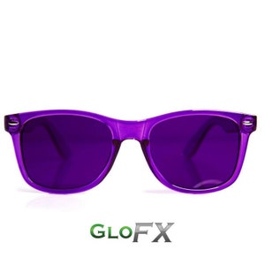 May include: Purple tinted sunglasses with a black frame. The sunglasses have a classic aviator style. The brand name "GLOFX" is printed in green and white below the sunglasses.