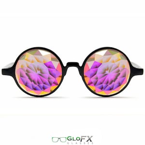 Gafas caleidoscopio negras GloFX – Arcoíris fractal – Marco elegante multidimensional con parte posterior plana para fiestas y espectáculos