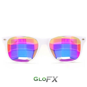 GloFX Bug Eye Ultimate Kaleidoscope Glasses – White Real Glass Crystals True-Flex PVC Frame Bug Eye Lens Lightweight Flat-Back Design Unisex