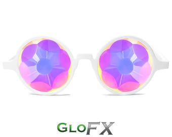 GloFX White Kaleidoscope Glasses - Sacred - Flat Back “Sacred Egg of Life” Style Cut Rainbow Lenses EDM Rave Fashion