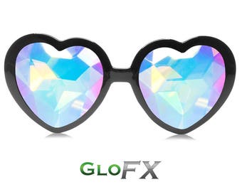 GloFX Heart Shaped Kaleidoscope Glasses – Black Girls Costume EDM Rave Fashion Sunglasses Light Weight True-Flex PVC Frame