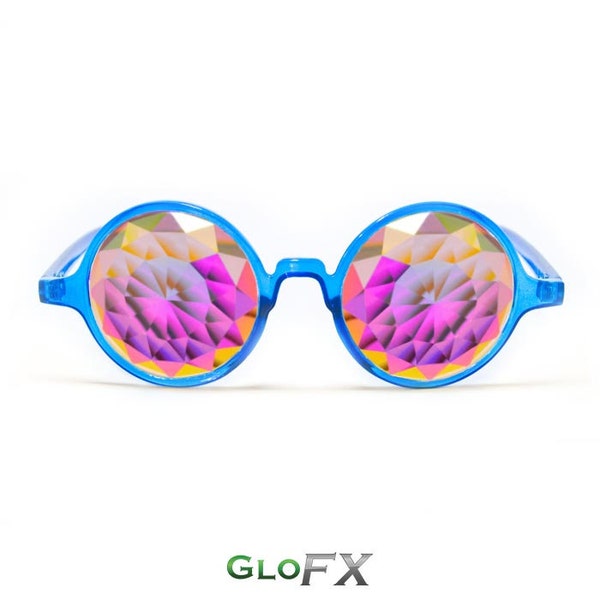 GloFX Transparent Blue Kaleidoscope Glasses – Rainbow Fractal – Flat Back Less Intense Effect Free Microfiber Cleaning Case Included