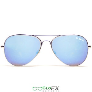 GloFX Metal Pilot Aviator Style Diffraction Glasses – Blue Mirror Real Metal Frame Rave Prism Lightshow Glow Optical Rainbow