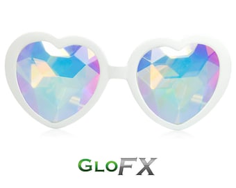GloFX Heart Shaped Kaleidoscope Glasses – WHITE Girls Costume EDM Rave Fashion Sunglasses Light Weight True-Flex PVC Frame
