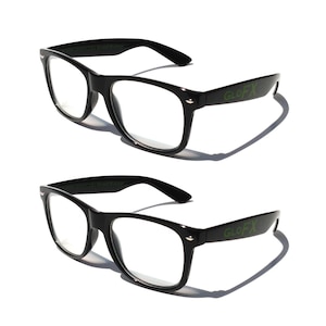 May include: Two pairs of black plastic framed glasses with clear lenses. The glasses have a rectangular shape and the brand name "GLOFX" is printed on the side of the frames.