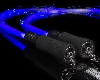 GloFX Space Whip Remix [LED Poi Set] - TWO 3Ft 360-degree Swivel Fiber Optic Whips with Double Loop Handles Programmable LED Light Up Glow
