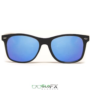 May include: Black sunglasses with blue mirrored lenses. The sunglasses have a classic, rectangular shape.