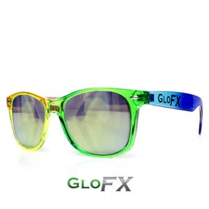 May include: Rainbow colored sunglasses with a blue frame and the word "GLOFX" printed on the side.