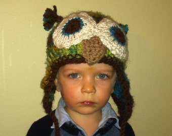 Crocheted Owl Hat With Ear Flaps