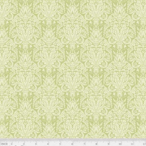 以下が含まれることがあります： 緑と白のダマスク柄の生地で、スタイリッシュな花柄のモチーフが繰り返しパターンになっています。生地は上品な光沢と柔らかな質感があります。