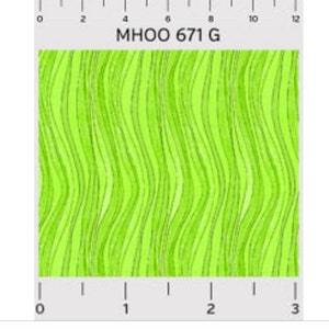May include: A fabric swatch with a repeating wavy pattern in shades of green. The design features vertical, flowing lines of varying widths and tones, creating a textured appearance. The text "MHOO 671 G" is visible at the top.