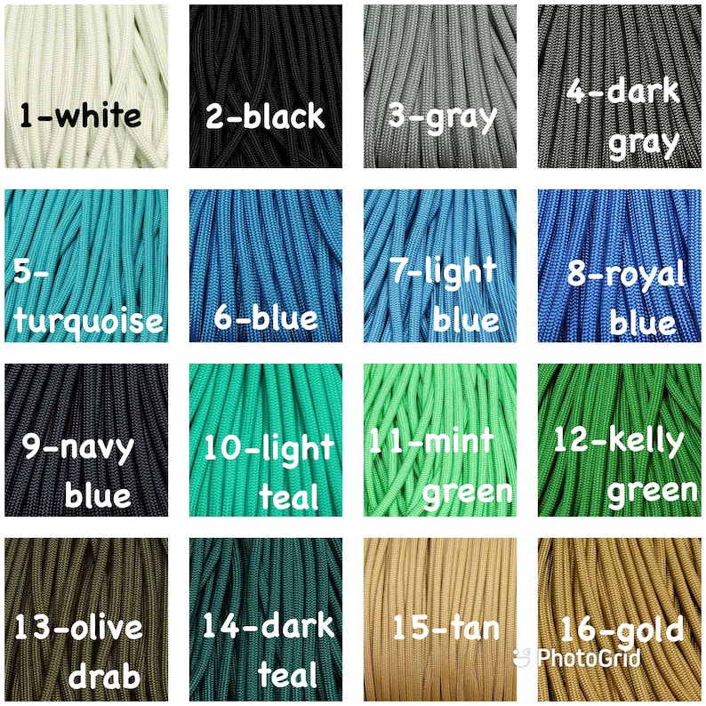 May include: A collection of 16 different colors of paracord, each color is labeled with a number and a name. The colors include white, black, gray, turquoise, blue, light blue, royal blue, navy blue, light teal, mint green, kelly green, olive drab, dark teal, tan, and gold.