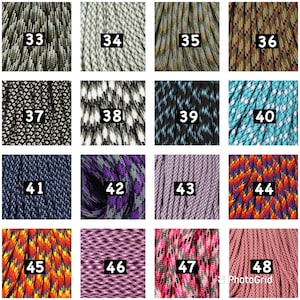 May include: A grid of 16 different paracord color and pattern options, numbered 33 through 48. Each square shows a close-up of the paracord.