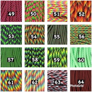 May include: A grid of 16 different colorful paracord patterns, numbered 49 through 64. Each pattern is a close-up of the paracord.