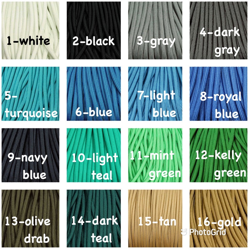 May include: A collection of 16 different colors of paracord, each color is labeled with a number and a name. The colors include white, black, gray, turquoise, blue, light blue, royal blue, navy blue, light teal, mint green, kelly green, olive drab, dark teal, tan, and gold.