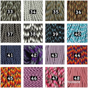 May include: A grid of 16 different paracord color and pattern combinations, numbered 33 through 48.