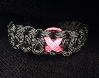 Breast Cancer Awareness Charcoal Grey Survival 550 Paracord Bracelet with Awareness Ribbon (custom size), awareness bracelet, breast cancer