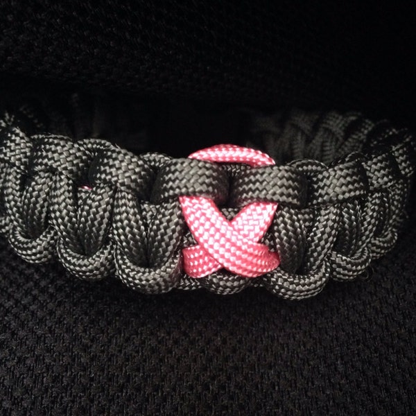 Breast Cancer Awareness Charcoal Grey Survival 550 Paracord Bracelet with Awareness Ribbon (custom size), awareness bracelet, breast cancer