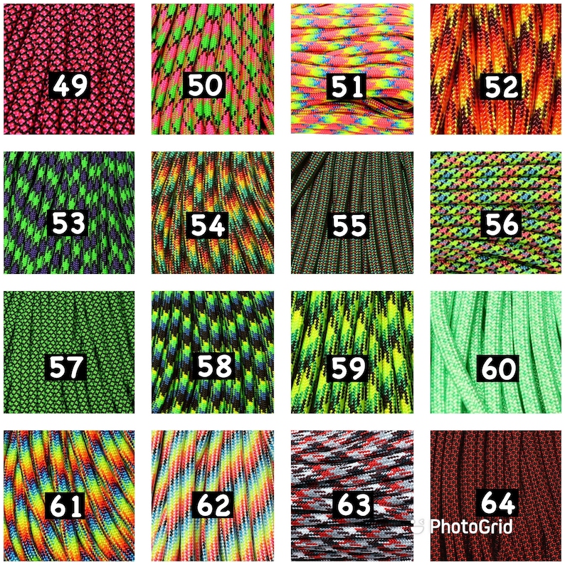 May include: A grid of 16 different colorful paracord ropes, each with a number from 49 to 64. The paracord is a type of rope used for various purposes, including crafting, survival, and outdoor activities.