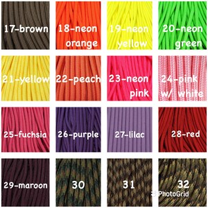 May include: A collection of 12 different colors of paracord, including neon orange, neon yellow, neon green, peach, pink, fuchsia, purple, lilac, red, maroon, and camouflage. Each color is labeled with a number.