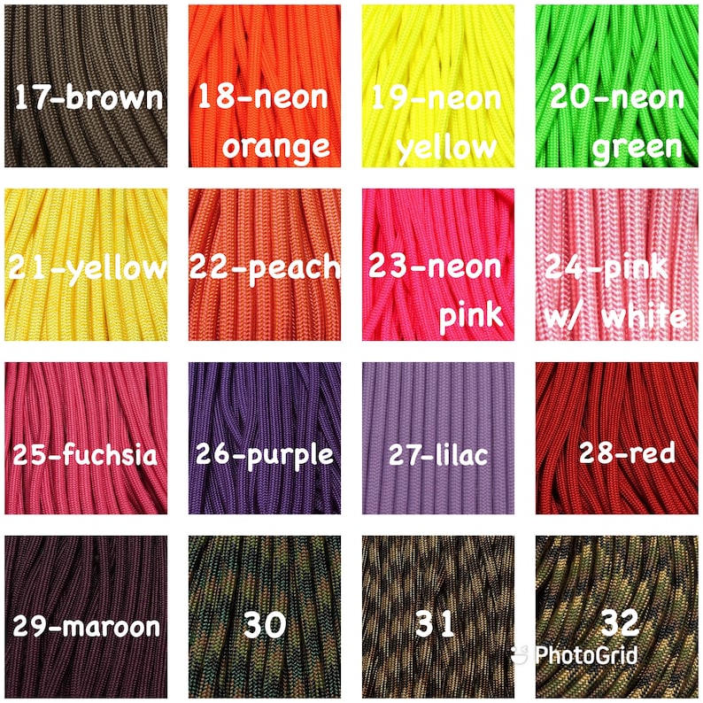 May include: A collection of 12 different colors of paracord, including neon orange, neon yellow, neon green, peach, pink, fuchsia, purple, lilac, red, maroon, and camouflage. Each color is labeled with a number.