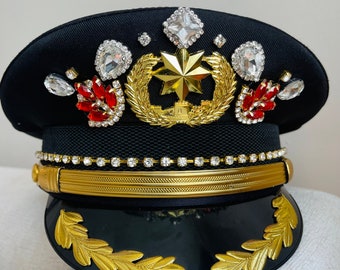 Blaze Red Sparkling Stone Black & Gold Bling Military Peaked Captain Influencer Hat - Editorial Photoshoot Festival One-of-a-Kind