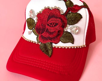 LUXURY ‘Floating Rose’ Embellished Bling Rhinestone Unisex Trucker Hat Cap - Red/White