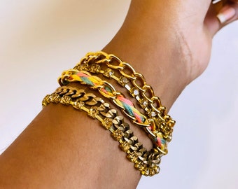 Carnival Luxe Mixed Multi Chain Link and Braid Rhinestone Adjustable Friendship Bracelet