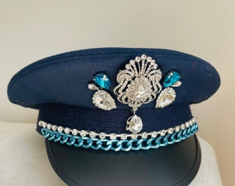 Authentic Military Peaked Captain Hat with Gorgeous Jeweled Blue & Crystal clear Sparkling Stones + Blue Chain Embellishment - Navy Blue