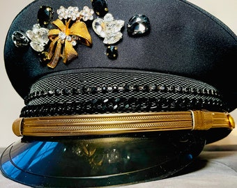 Pretty Black and Gold Military Peaked Black Captain Hat with Gorgeous Black, Gold & Crystal Sparkling Trim + Black Chain