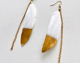 Beautiful Gold Dipped White Feather and Chain Drop Dangle Earrings