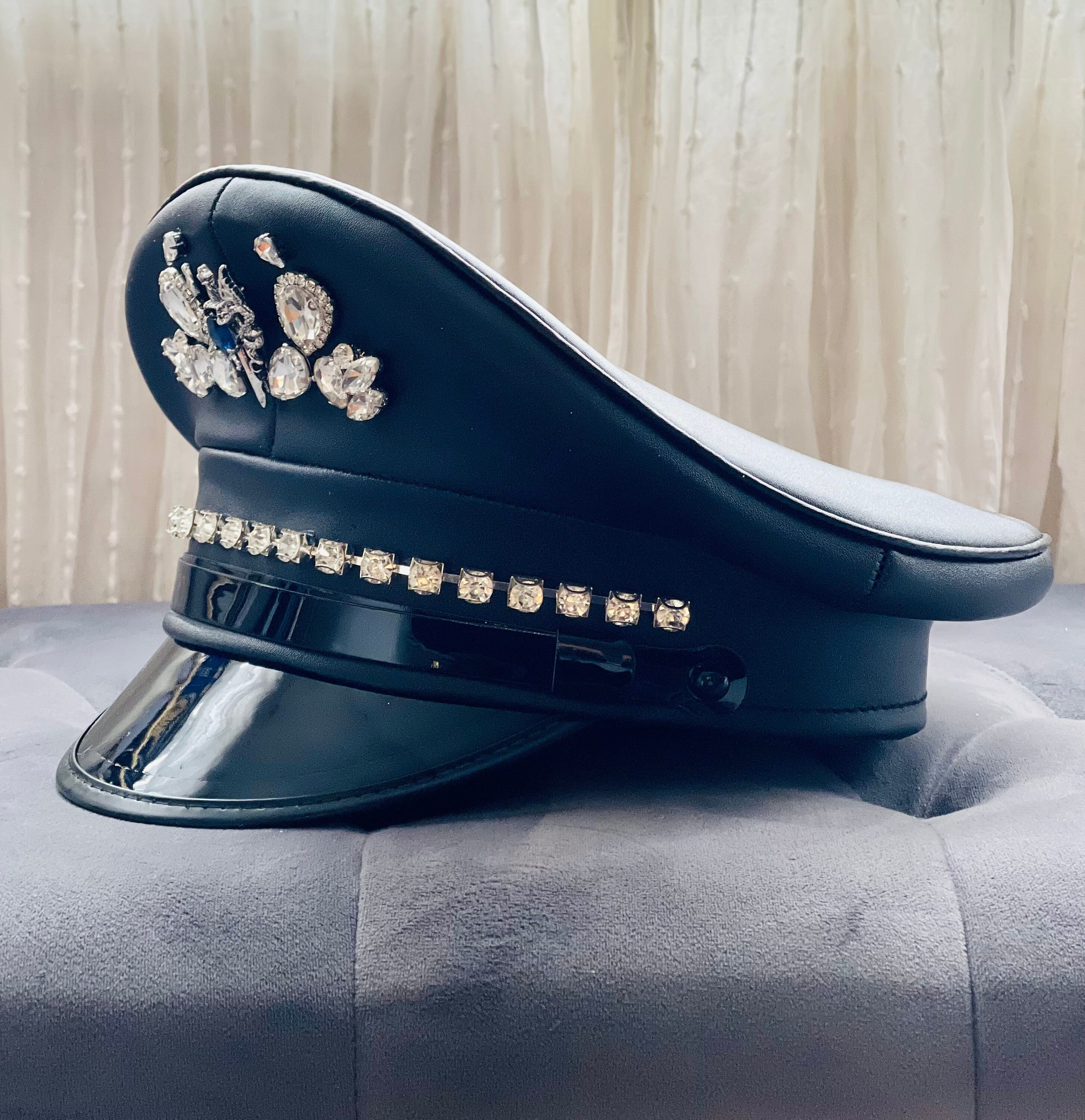 Double Dragon Faux Leather & Silver Bling Military Peaked 
