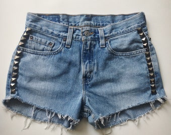 Brooklyn Shorts - Gunmetal Pyramid Stud Cut-Off Upcycled Levi's Denim Shorts - Light Blue Small