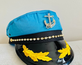 Turquoise Blue Vacation Yacht Navy Sailor Captain Cruise Festival Hat with Bling Tuck Gold Anchor and Rhinestone Bling Hat Adjustable