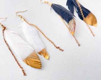 2 pairs - Beautiful Gold Dipped White Feather and Black Feather Drop Dangle Earrings with Gold Chain