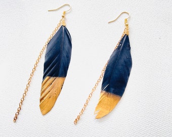 Sleek Gold Dipped Black Feather Drop Dangle Earrings