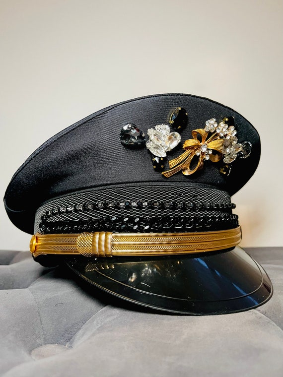 Pretty Black and Gold Military Peaked Black Captain Hat With  display picture 2