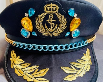 Beautiful Turq Aqua Gold Jewel Black Peaked Military Sailor Captain Hat with Sparkly Crystal Rhinestones Blue Gold Chain One size