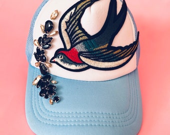 LUXURY ‘Harmony Bird’ Trucker Hat Embellished Bling Sparkling Crystal Rhinestone Unisex Cap - Baby Blue/White