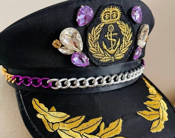 Festival Purple and Black Peaked Military Sailor Captain Hat with Sparkly Purple and Crystal Jewel Rhinestones Silver Chain Unisex