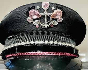 Goth Love Military Peaked Black Captain Hat with Gorgeous Jeweled Pink & Crystal clear Sparkling Stones + Pink Chain + Black Spikes