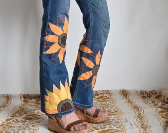 Sunflower patchwork pants, bell bottom jeans, hippie pants