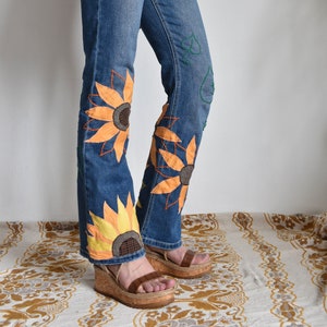 Sunflower patchwork pants, bell bottom jeans, hippie pants